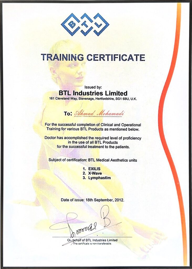 certificate of BTL - slimming & rejuvenation. Slimming and body contouring with advanced devices