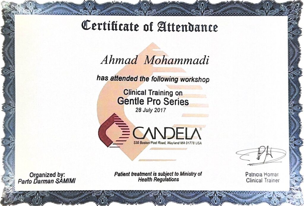 certificate of CANDELA lazer haire removal.  Laser hair removal with advanced technology - CANDELA