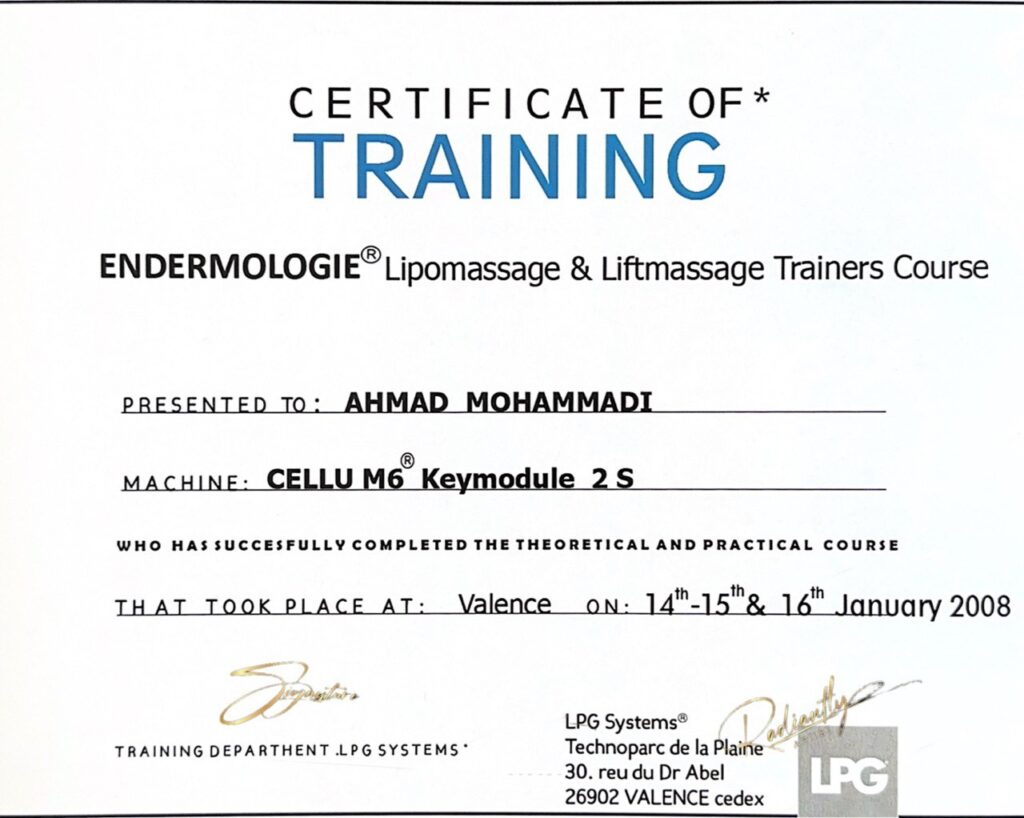 certificate of LPG endermologe - slimming. Slimming and body contouring with advanced devices - LPG endermologe