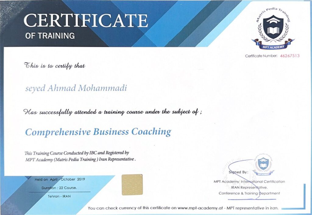 certificate of MPT academy coaching. Business and personal success coaching - MPT