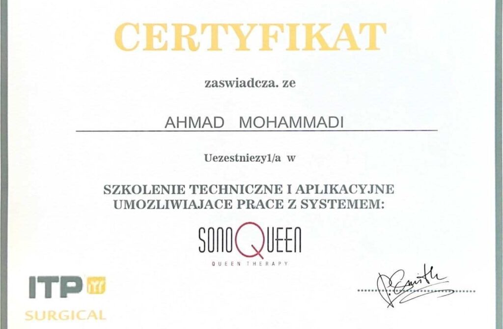 certificate of Sonoqueen - hifu lifting.