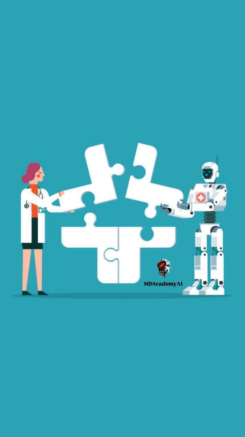 Doctor and robot collaborating in aesthetic medicine illustrated as a puzzle coming together