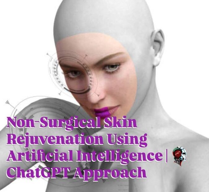 Facial rejuvenation without surgery using Artificial Intelligence – woman’s face with measurement lines for AI-based skin analysis.
