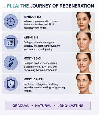 Clinical Progression After Poly-L-Lactic Acid (PLLA) Treatment Clinical timeline illustrating the gradual response after Poly-L-Lactic Acid (PLLA) treatment, from injection to collagen remodeling and long-term volume restoration.