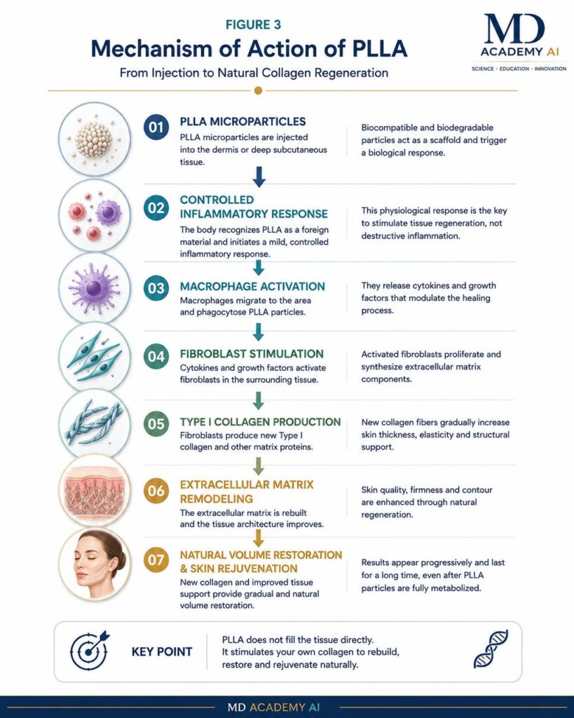 Şekil 3. PLLA'nın Kolajen Biyostimülasyon Mekanizması Poli-L-laktik asidin kontrollü inflamatuvar yanıt, makrofaj aktivasyonu, fibroblast uyarımı ve Tip I kolajen sentezi yoluyla oluşturduğu biyostimülasyon mekanizmasını gösteren şematik diyagram.