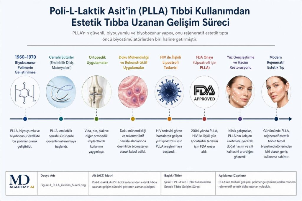 Development of Poly-L-Lactic Acid (PLLA) from Medical Applications to Regenerative Aesthetic Medicine Timeline illustrating the development of Poly-L-Lactic Acid (PLLA) from biodegradable medical polymer to regenerative aesthetic medicine, including surgical sutures, orthopedic applications, HIV-associated lipoatrophy treatment, FDA approval, and facial rejuvenation.