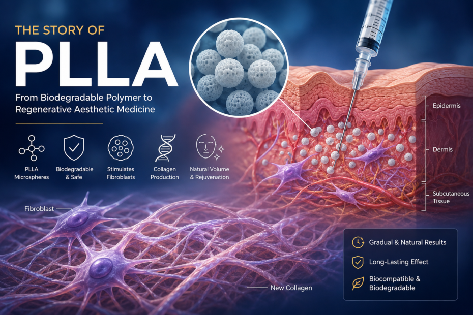 Scientific illustration showing Poly-L-Lactic Acid (PLLA) microspheres stimulating fibroblasts and collagen production in the dermis.
