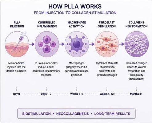 Mechanism of Action of Poly-L-Lactic Acid (PLLA) Illustration of the mechanism of action of Poly-L-Lactic Acid (PLLA), showing controlled inflammatory response, macrophage activation, fibroblast stimulation, collagen production, and long-term tissue regeneration.