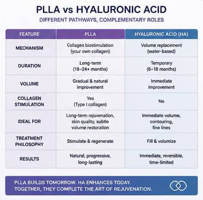 Poly-L-Lactic Acid (PLLA) vs Hyaluronic Acid (HA): A Clinical Comparison Comparison between Poly-L-Lactic Acid (PLLA) and Hyaluronic Acid (HA) fillers, highlighting differences in mechanism of action, collagen stimulation, longevity, treatment goals, and clinical outcomes.